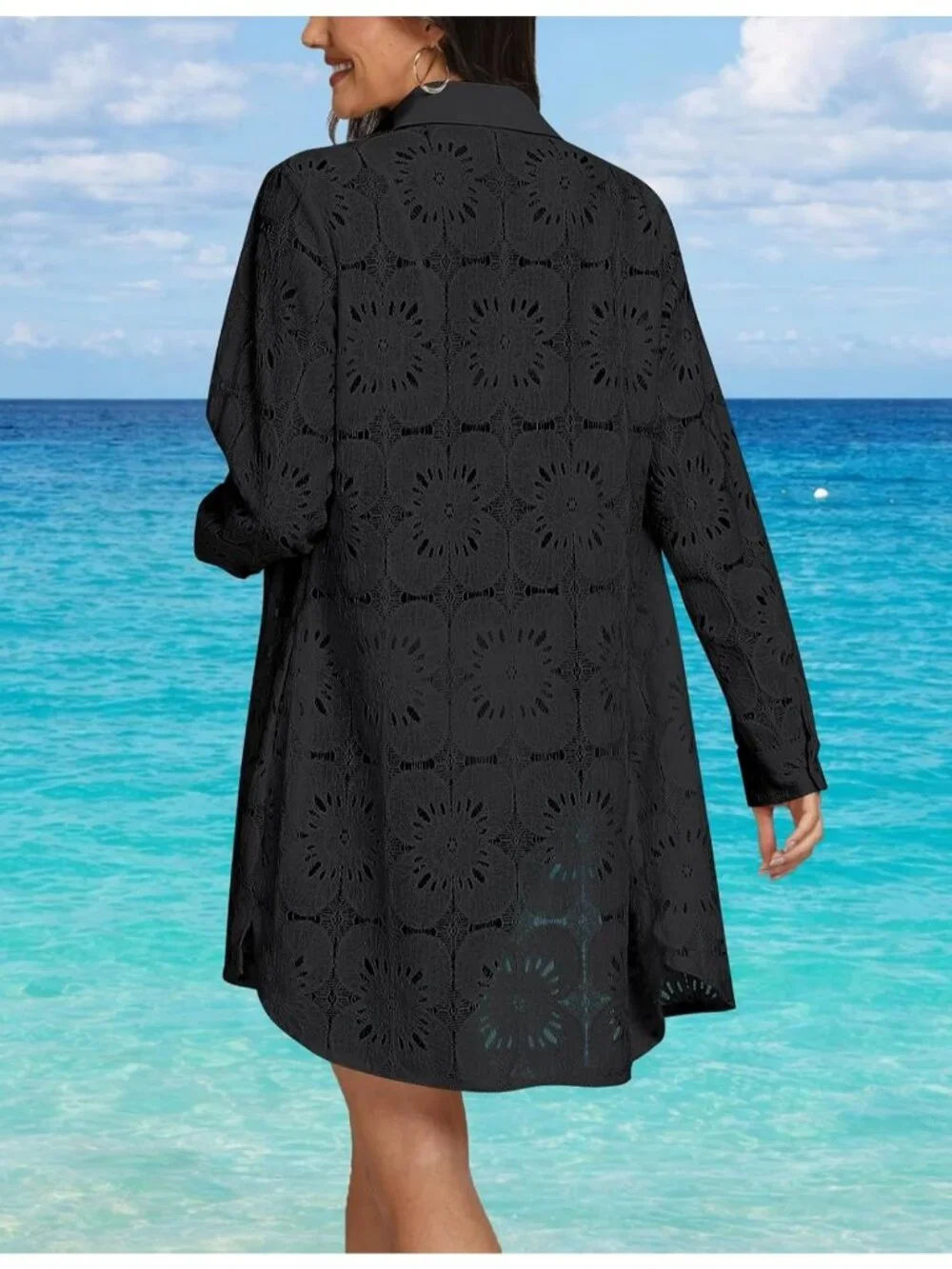 Women Black Cotton CoverUp Button Down Beach Shirt Long Sleeve Swimsuit CoverUp - Picture 5 of 5